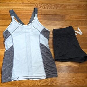 Athleta White and Gray Women's T-back Tank Top semi-sheer